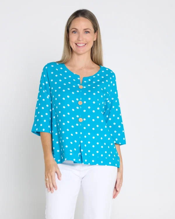 6529_Turquoise_Spot_Top_1724 Mahri Linen Top - Bright Aqua/Spot